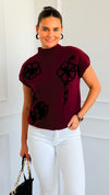 Floral Trim Knit Sleeveless Sweater - Burgundy-140 Sweaters-Blu Pepper-Coastal Bloom Boutique, find the trendiest versions of the popular styles and looks Located in Indialantic, FL