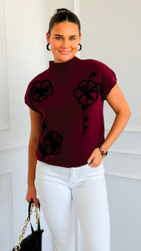Floral Trim Knit Sleeveless Sweater - Burgundy-140 Sweaters-Blu Pepper-Coastal Bloom Boutique, find the trendiest versions of the popular styles and looks Located in Indialantic, FL