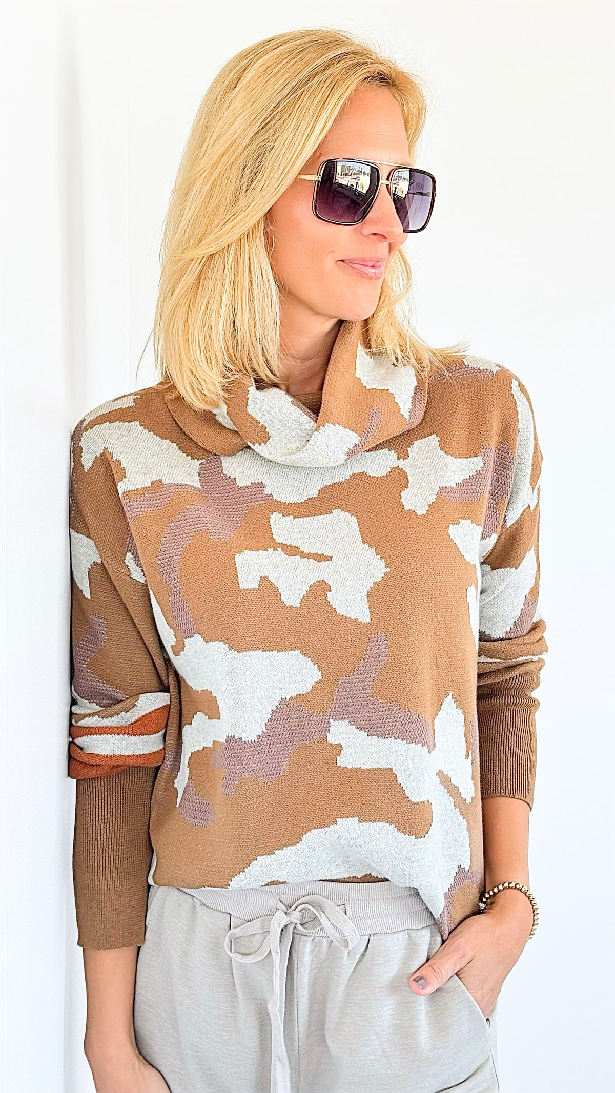 Camouflage Turtle Neck Sweater-130 Long Sleeve Tops-mystree-Coastal Bloom Boutique, find the trendiest versions of the popular styles and looks Located in Indialantic, FL