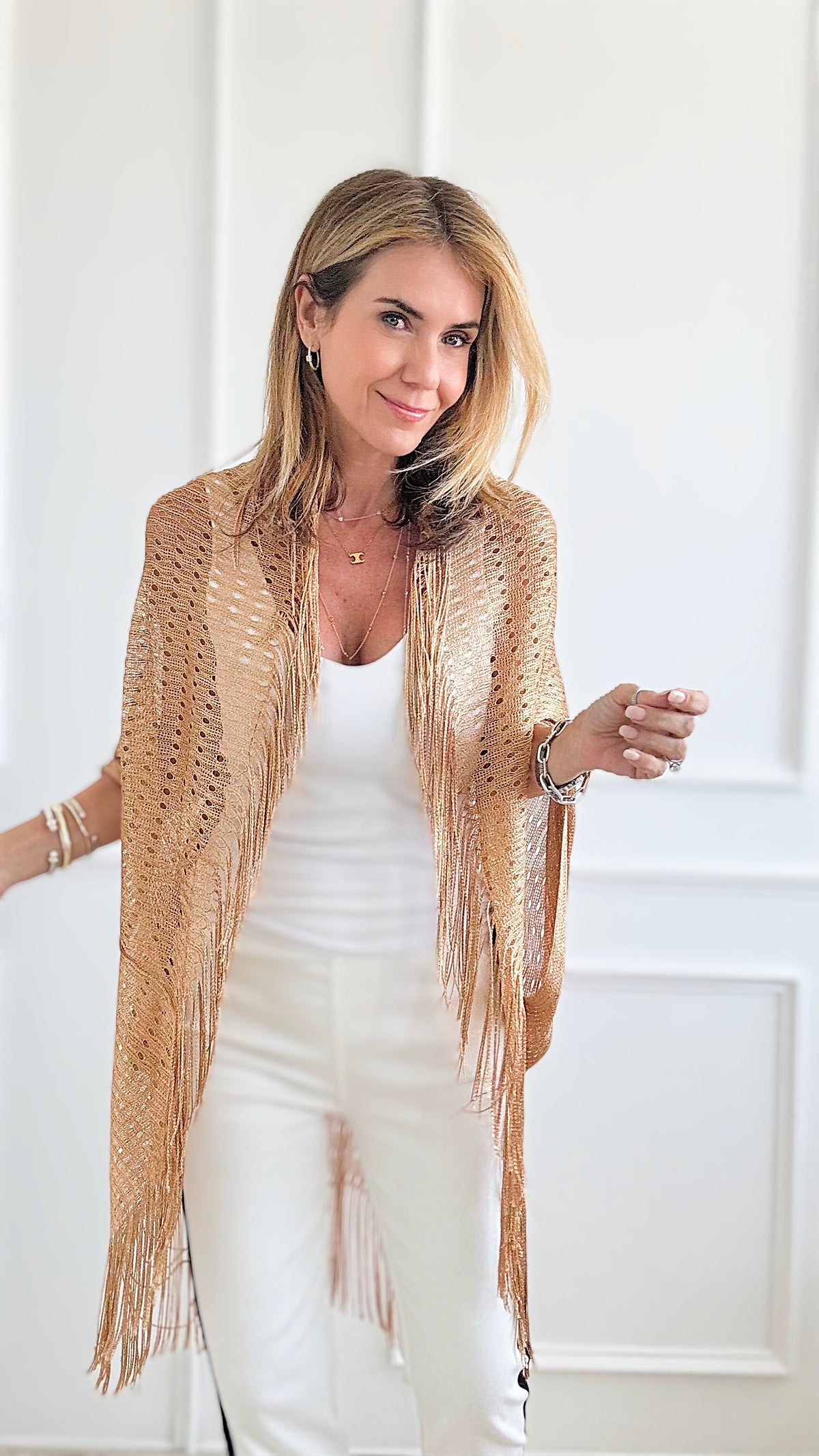 Metallic Tassel Cover Up Kimono - Gold-Wona Trading-Coastal Bloom Boutique, find the trendiest versions of the popular styles and looks Located in Indialantic, FL