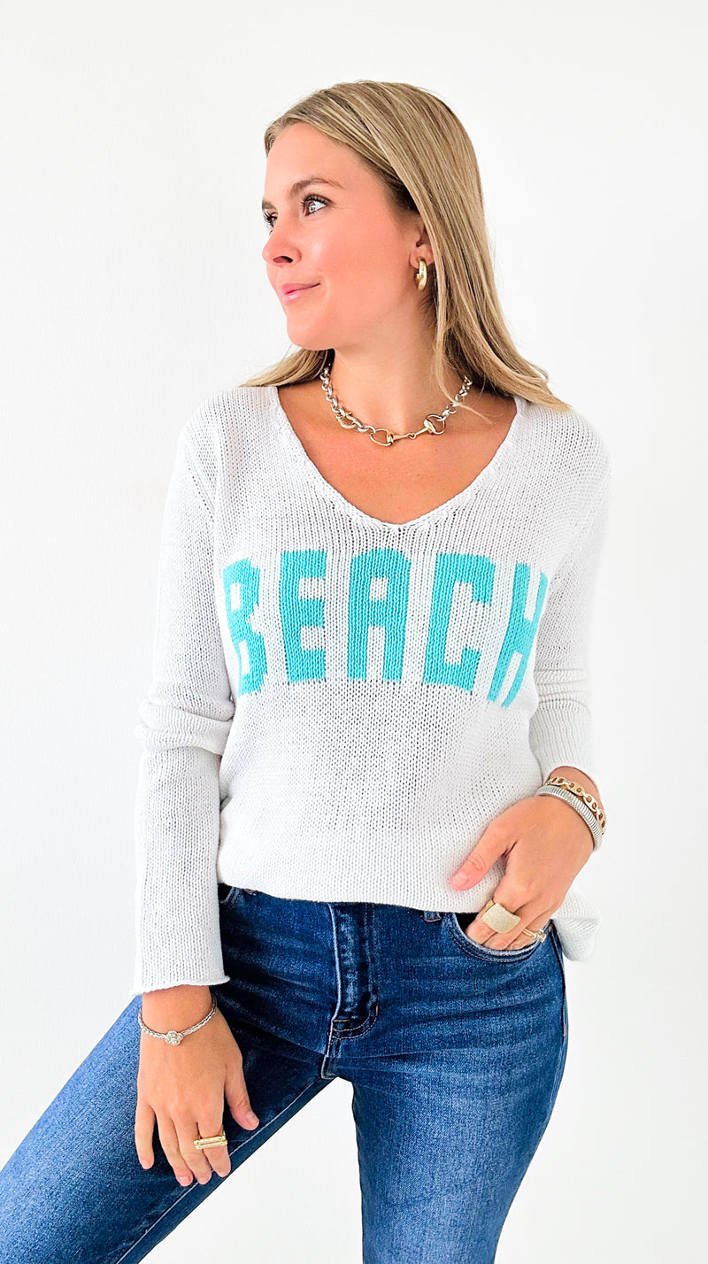 Beach Lightweight Knit V Neck - White/Aqua-140 Sweaters-Miracle-Coastal Bloom Boutique, find the trendiest versions of the popular styles and looks Located in Indialantic, FL
