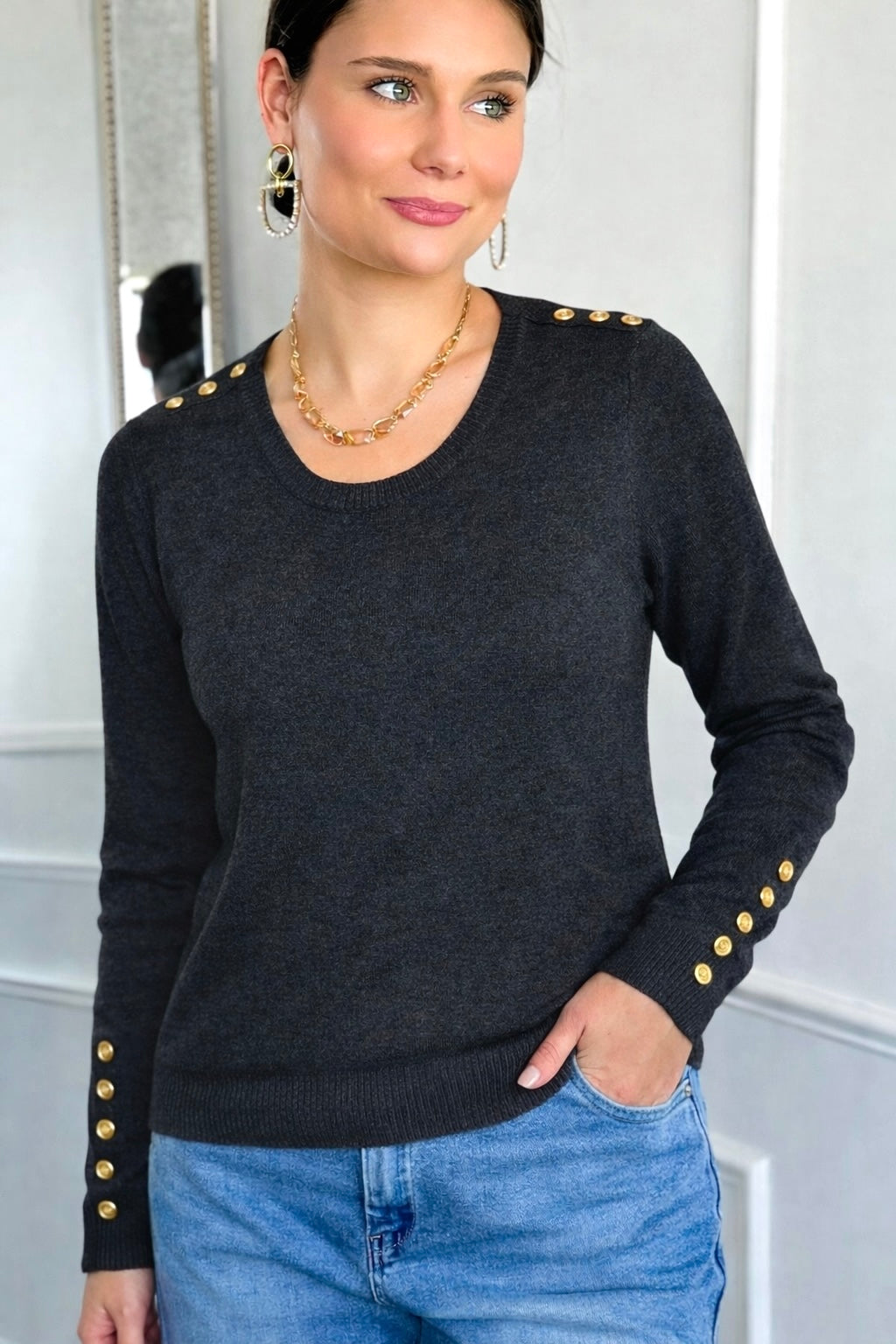 Park Avenue Button Detail Sweater - Charcoal
