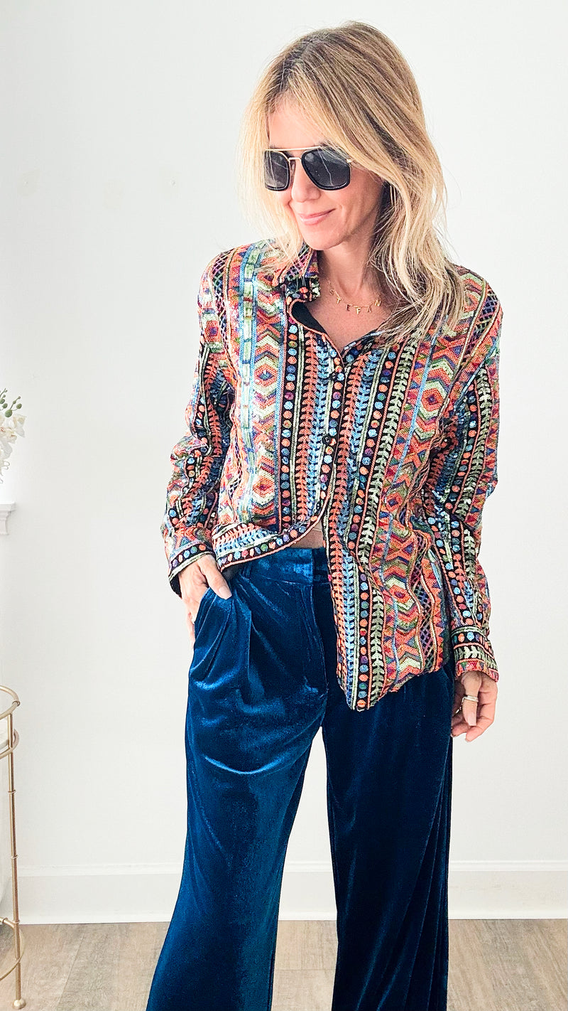Wild Wild West Sequin Button Up Blouse-130 Long Sleeve Tops-Main Strip-Coastal Bloom Boutique, find the trendiest versions of the popular styles and looks Located in Indialantic, FL