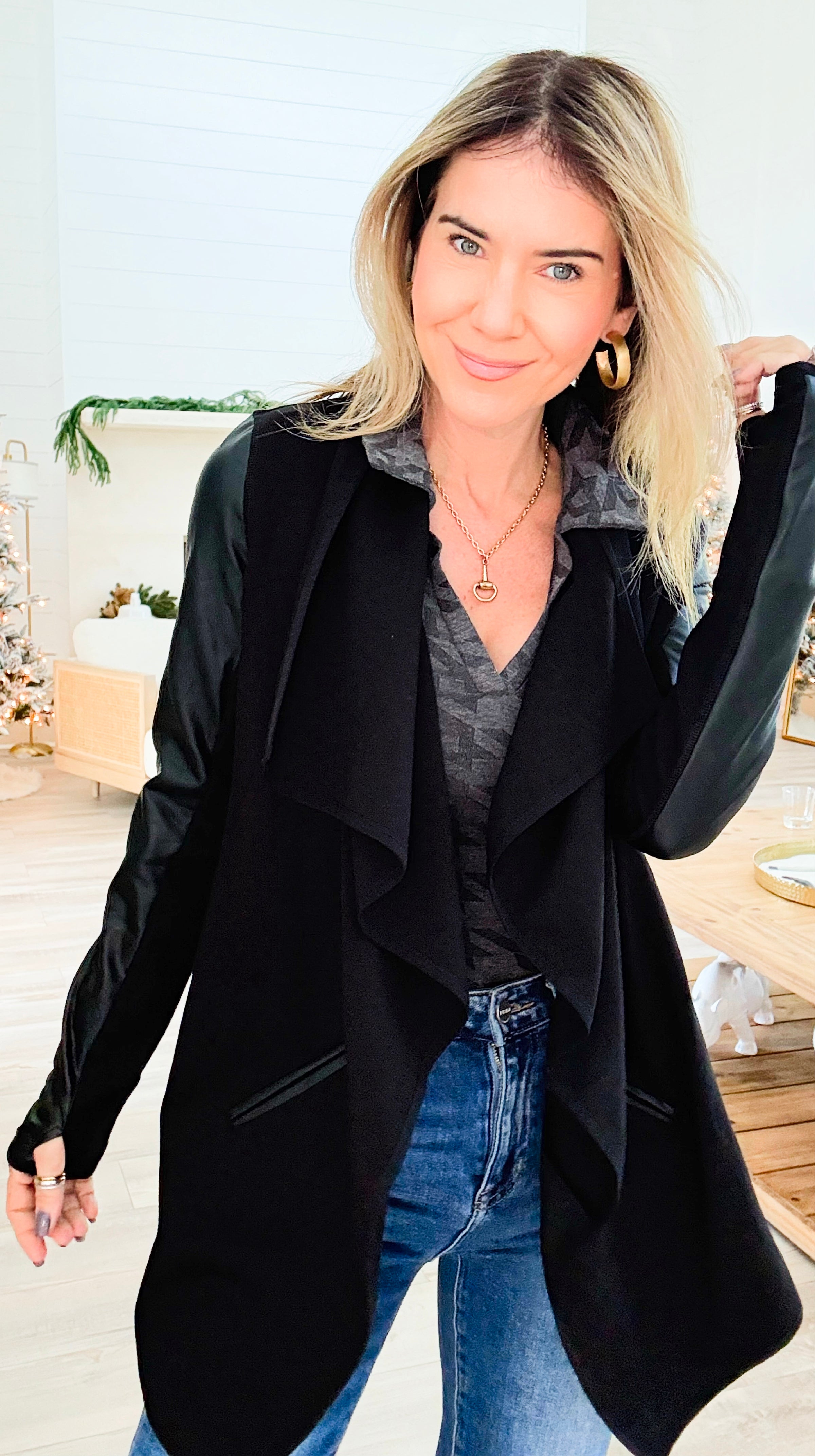Vegan Leather Sleeve Waterfall Jacket-160 Jackets-Mono B-Coastal Bloom Boutique, find the trendiest versions of the popular styles and looks Located in Indialantic, FL