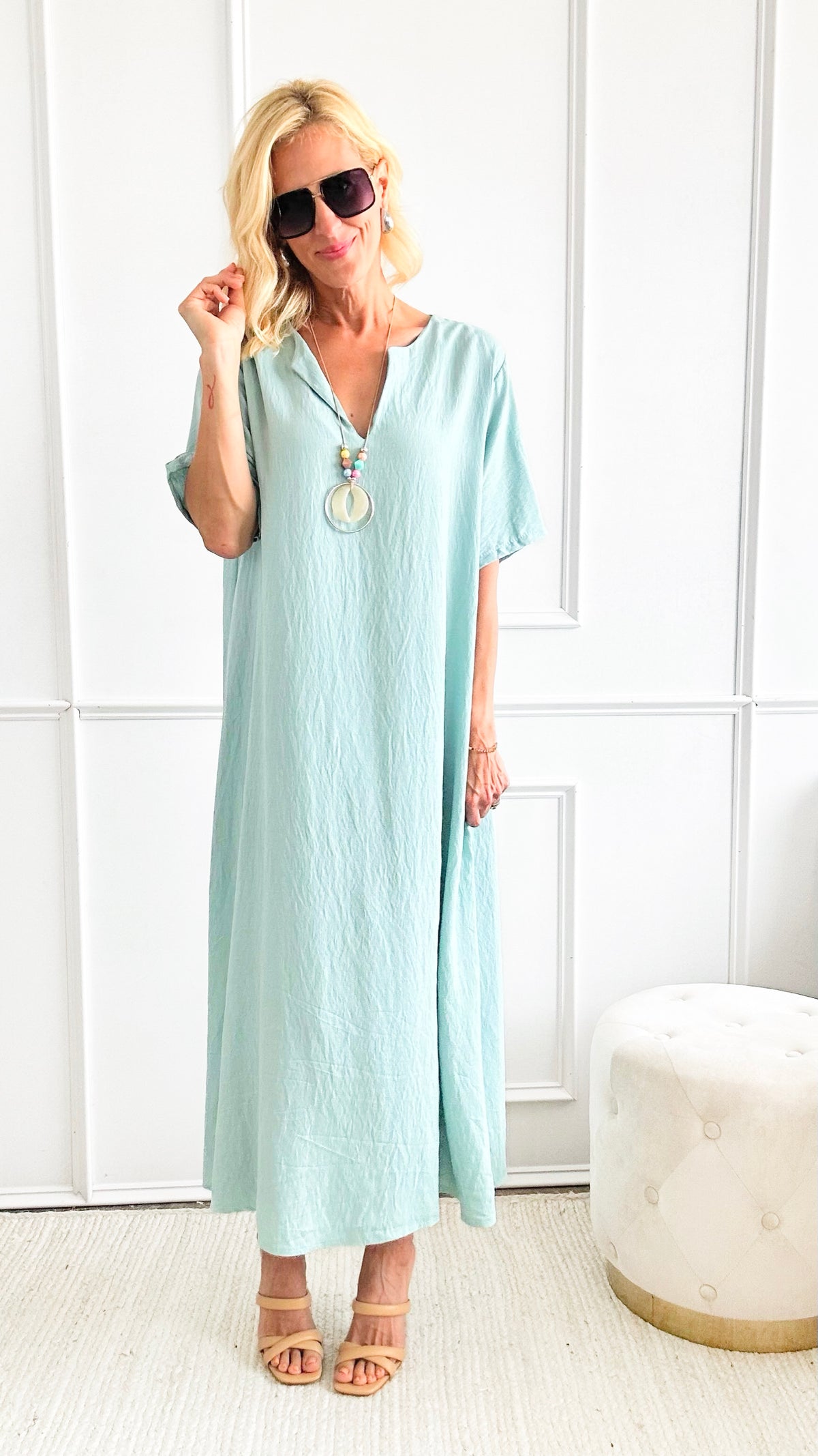 Linen Italian Dress W/Necklace - Sage-200 dresses/jumpsuits/rompers-Germany-Coastal Bloom Boutique, find the trendiest versions of the popular styles and looks Located in Indialantic, FL