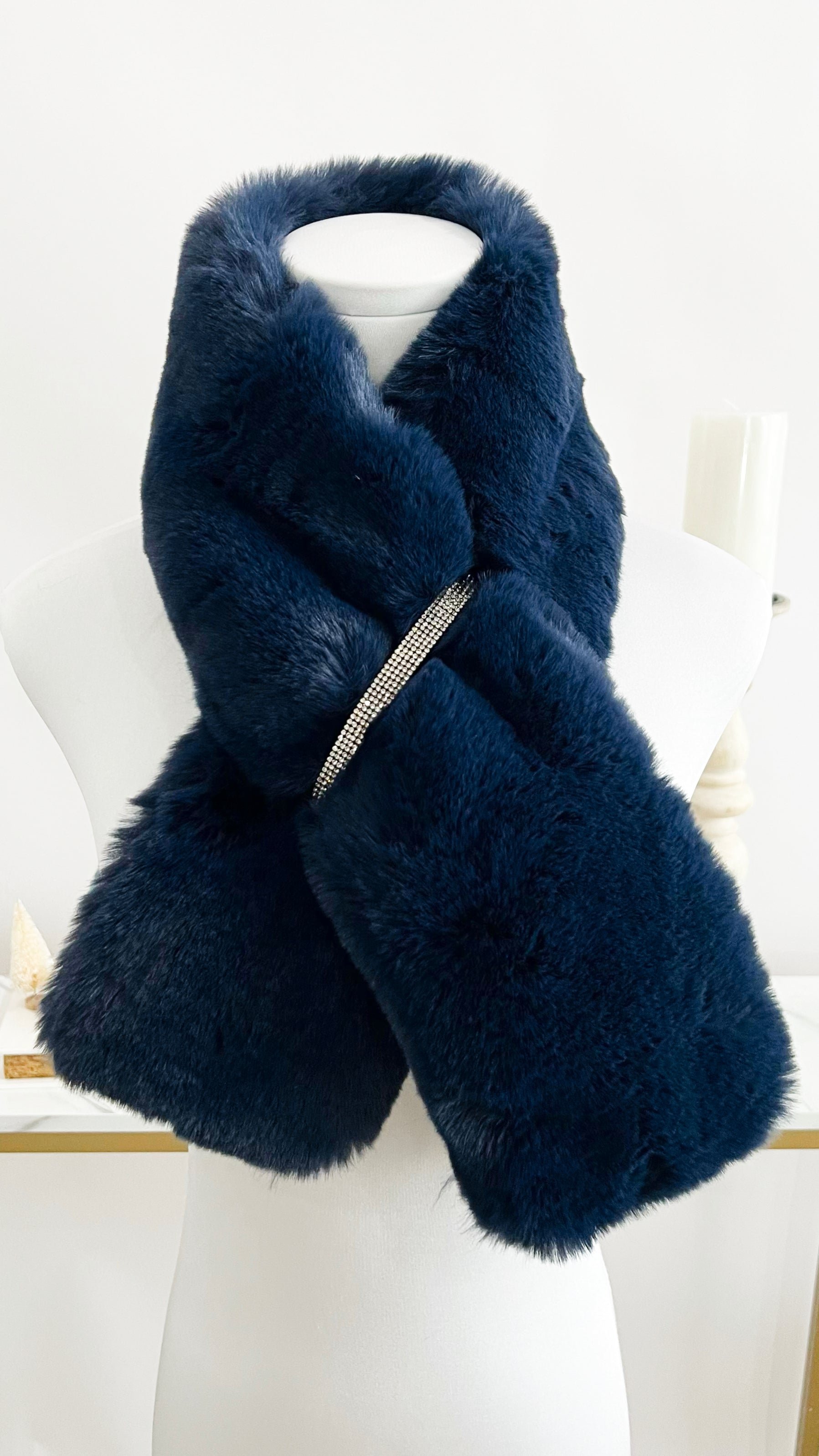 Faux Fur Bling Pull Through Scarf - Navy-260 Other Accessories-Wona Trading-Coastal Bloom Boutique, find the trendiest versions of the popular styles and looks Located in Indialantic, FL