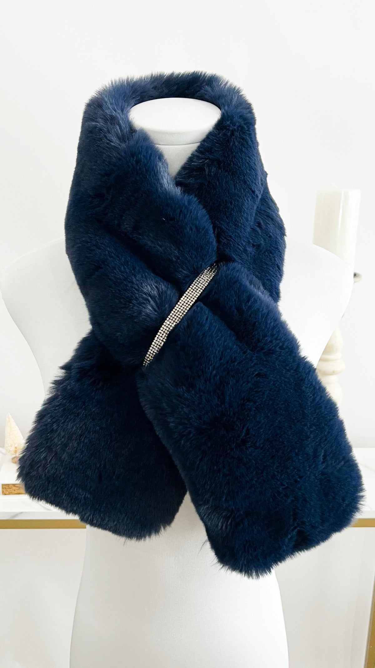 Faux Fur Bling Pull Through Scarf - Navy-260 Other Accessories-NYW-Coastal Bloom Boutique, find the trendiest versions of the popular styles and looks Located in Indialantic, FL