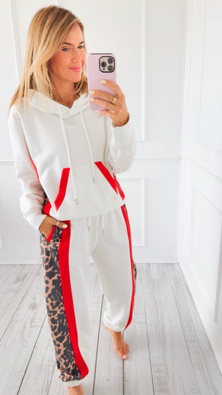 Wild Side Stripe Lounge Set - Off White/ Leopard