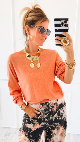 Boat Neck Fine Knit Top - Peach