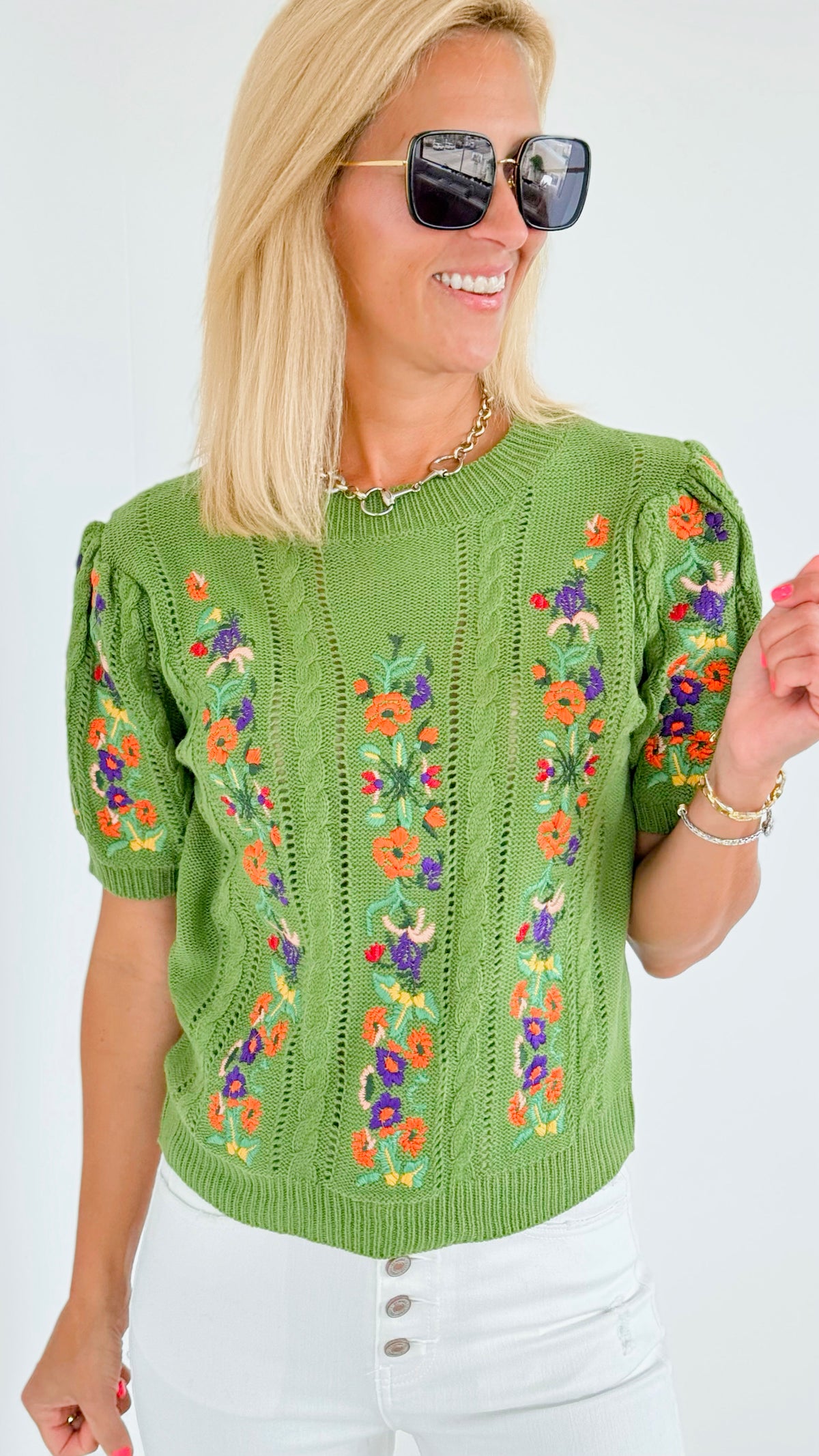 Embroidered Short-Sleeved Crew Neck Sweater - Olive-140 Sweaters-BIBI-Coastal Bloom Boutique, find the trendiest versions of the popular styles and looks Located in Indialantic, FL