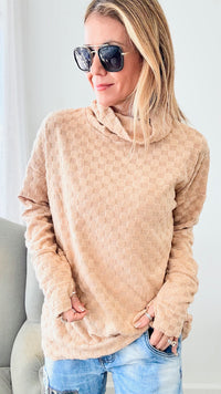 Brushed Checker Turtleneck - Taupe-130 Long Sleeve Tops-BIBI-Coastal Bloom Boutique, find the trendiest versions of the popular styles and looks Located in Indialantic, FL