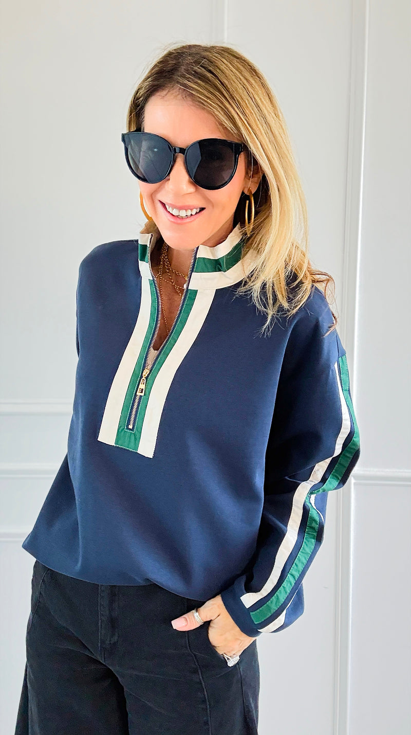 Varsity Vibe Half Zip Sweatshirt - Navy-110 Long Sleeve Tops-JODIFL-Coastal Bloom Boutique, find the trendiest versions of the popular styles and looks Located in Indialantic, FL