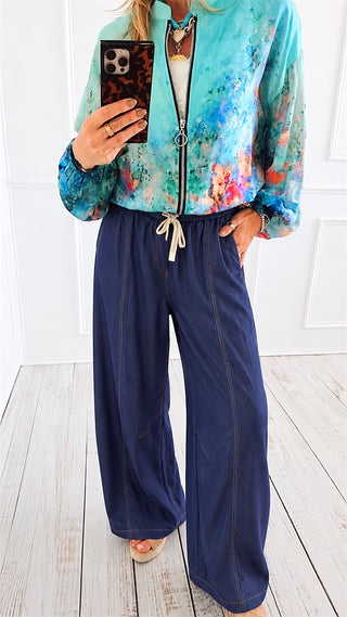 Coastal Ease Drawstring Wide Leg Pants - Denim