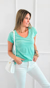Everyday V-Neck Italian Top- Aqua-110 short Sleeve Top-LY PARIS-Coastal Bloom Boutique, find the trendiest versions of the popular styles and looks Located in Indialantic, FL