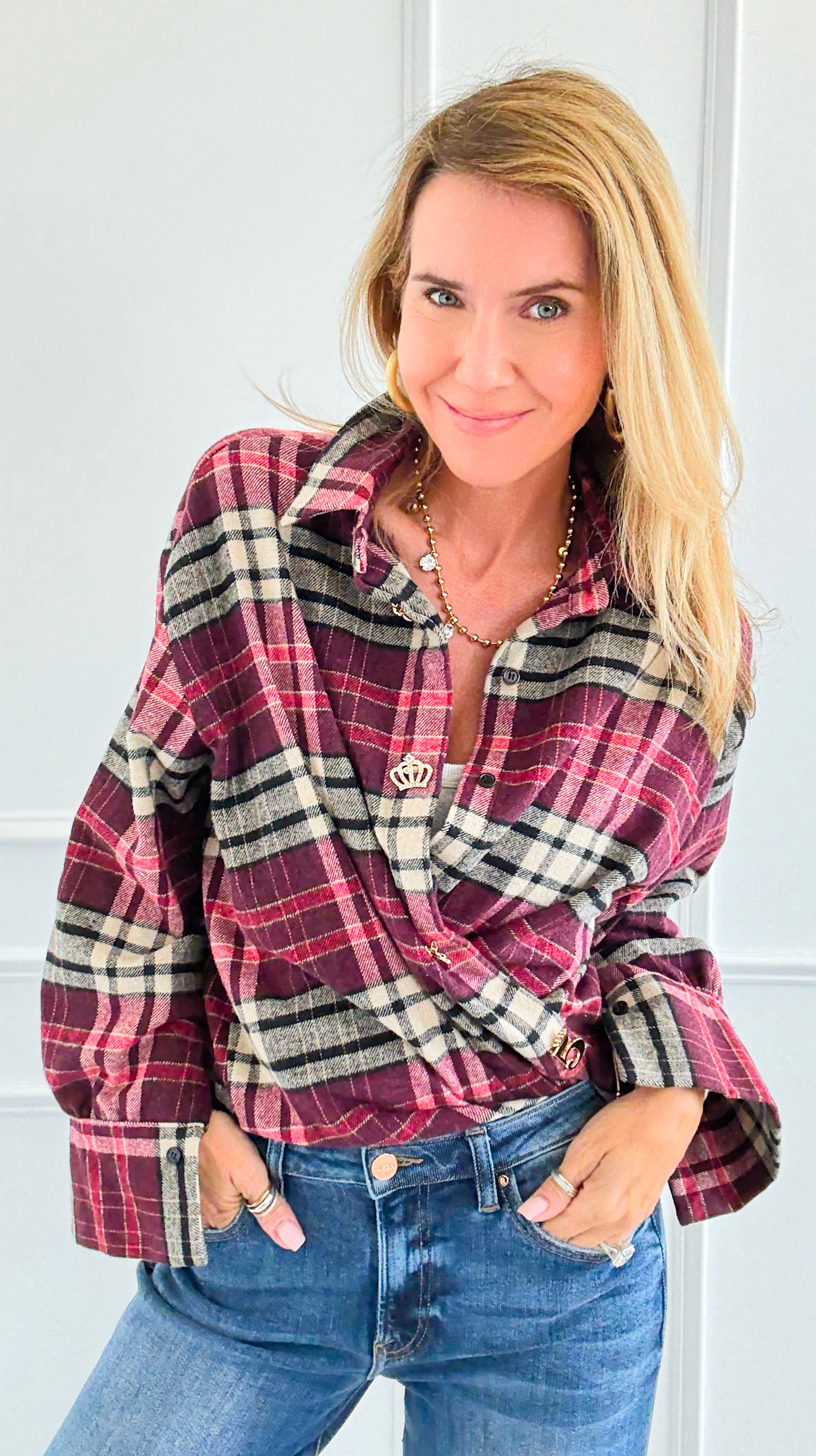 Pretty In Plaid Italian Top-110 Long Sleeve Tops-TATTOO Z-Coastal Bloom Boutique, find the trendiest versions of the popular styles and looks Located in Indialantic, FL