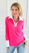 The Frankie Button Down Top - Neon Pink-130 Long Sleeve Tops-EC COLLECTION INC-Coastal Bloom Boutique, find the trendiest versions of the popular styles and looks Located in Indialantic, FL