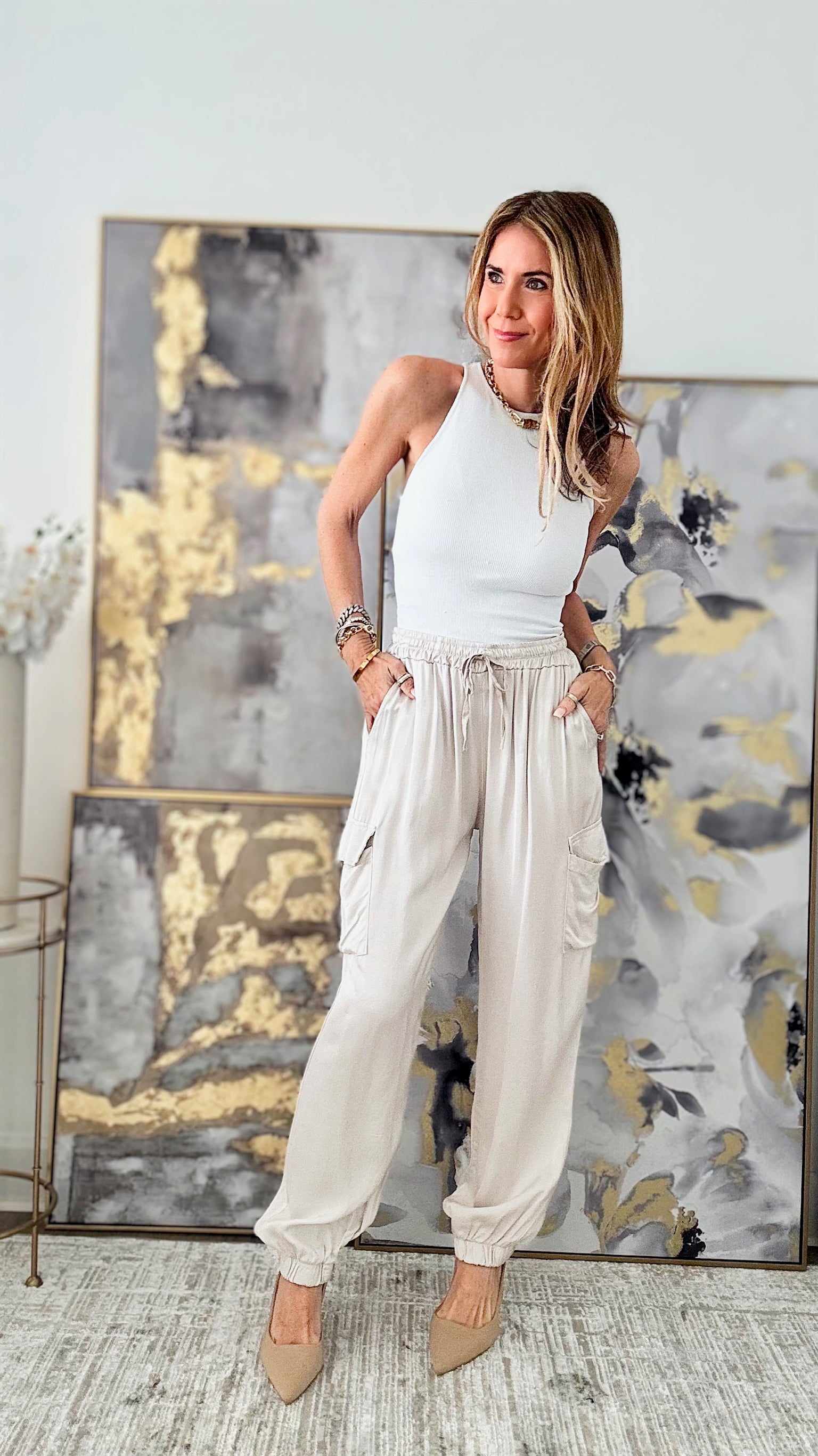Luxe Look Italian Cargo Joggers - Ecru-180 Joggers-Italianissimo-Coastal Bloom Boutique, find the trendiest versions of the popular styles and looks Located in Indialantic, FL