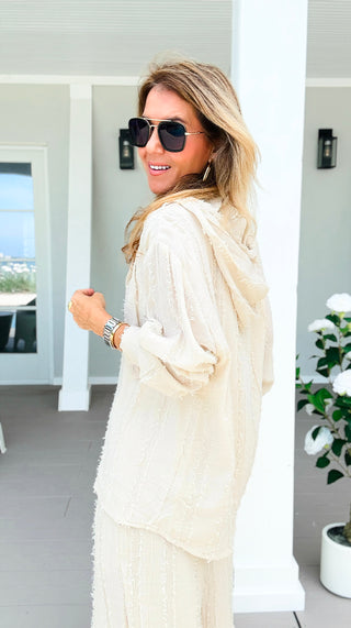 Frayed Textured Hooded Button Front Shirt