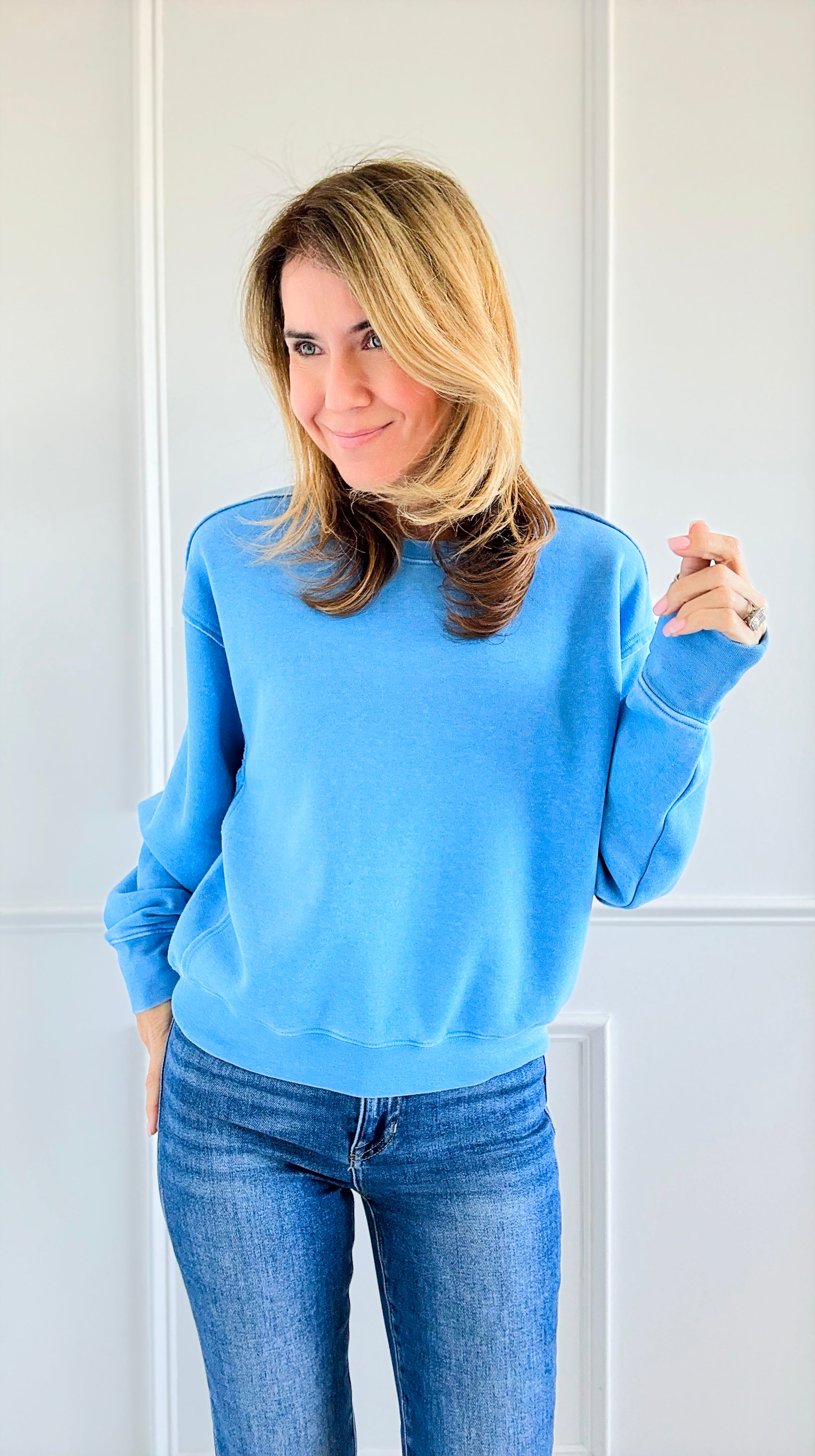 French Terry Sweatshirt - Blue-130 Long Sleeve Tops-HYFVE-Coastal Bloom Boutique, find the trendiest versions of the popular styles and looks Located in Indialantic, FL