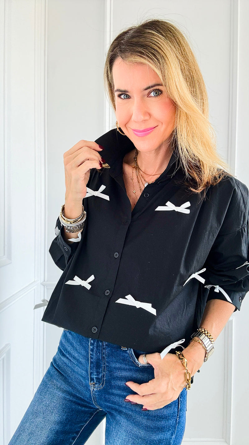 Bow-Tied Bliss Button-Up Top - Black-130 Long Sleeve Tops-JODIFL-Coastal Bloom Boutique, find the trendiest versions of the popular styles and looks Located in Indialantic, FL