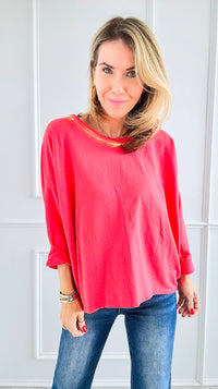 Metallic Foil Detailed Comfort Italian Pullover- Coral/Gold-140 Sweaters-Italianissimo-Coastal Bloom Boutique, find the trendiest versions of the popular styles and looks Located in Indialantic, FL