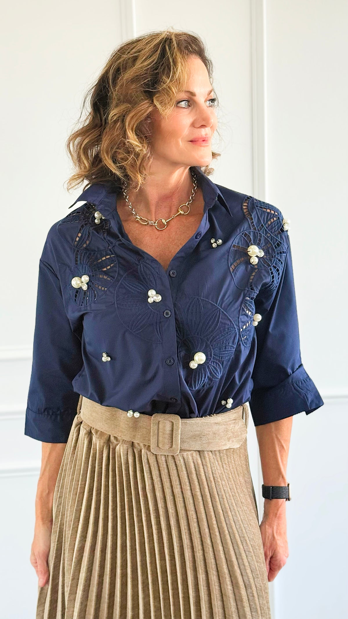 Rhinestone Embroidered Blouse - Navy-130 Long Sleeve Tops-PASTEL DESIGN-Coastal Bloom Boutique, find the trendiest versions of the popular styles and looks Located in Indialantic, FL