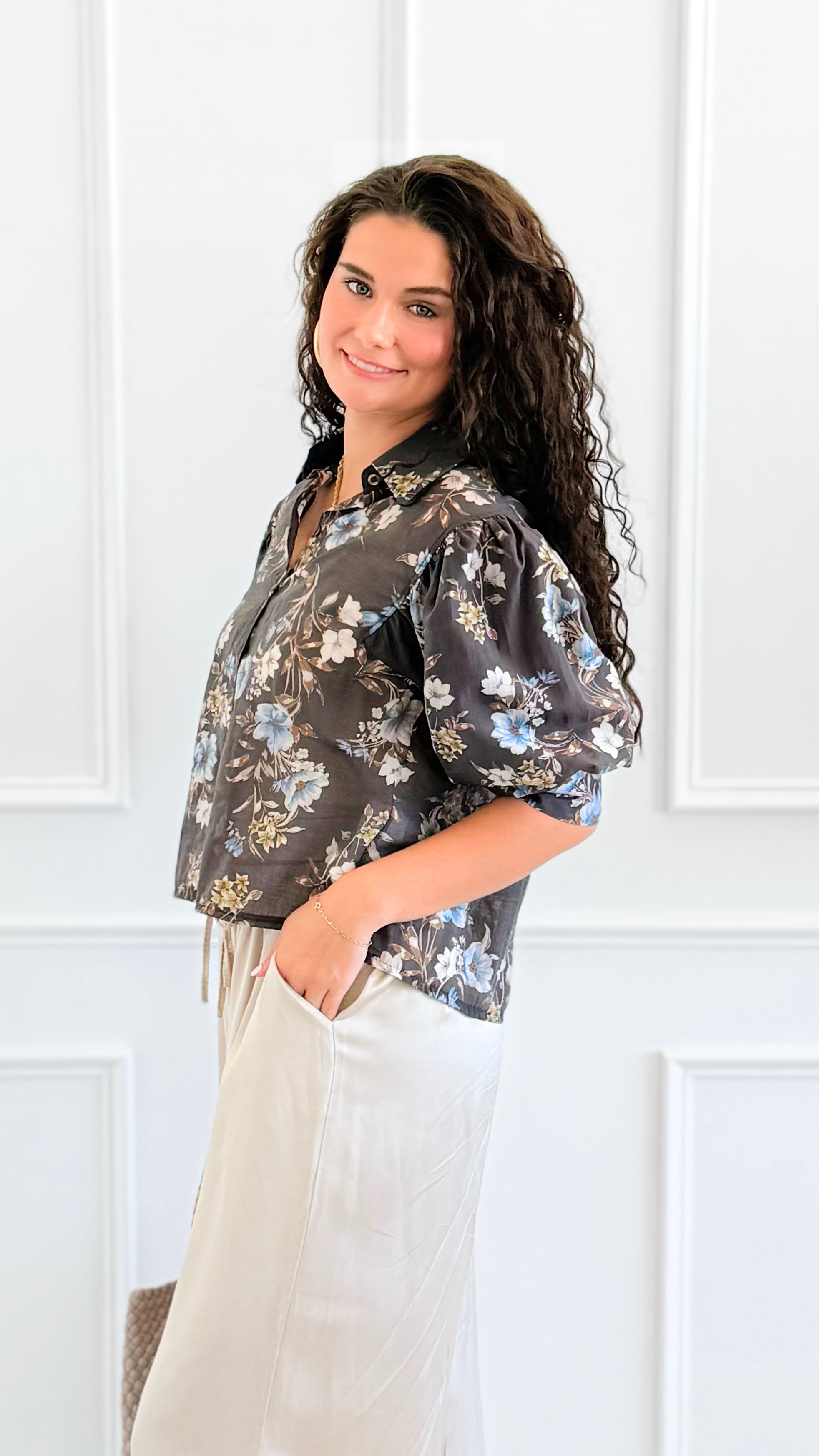 Botanical Romance Puff Sleeve Italian Button Down Top-110 short Sleeve Top-AZUL MONACO-Coastal Bloom Boutique, find the trendiest versions of the popular styles and looks Located in Indialantic, FL