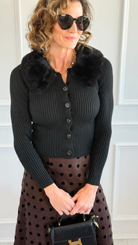 Faux Fur Collar Ribbed Cardigan -Black-140 Sweaters-Blu Pepper-Coastal Bloom Boutique, find the trendiest versions of the popular styles and looks Located in Indialantic, FL
