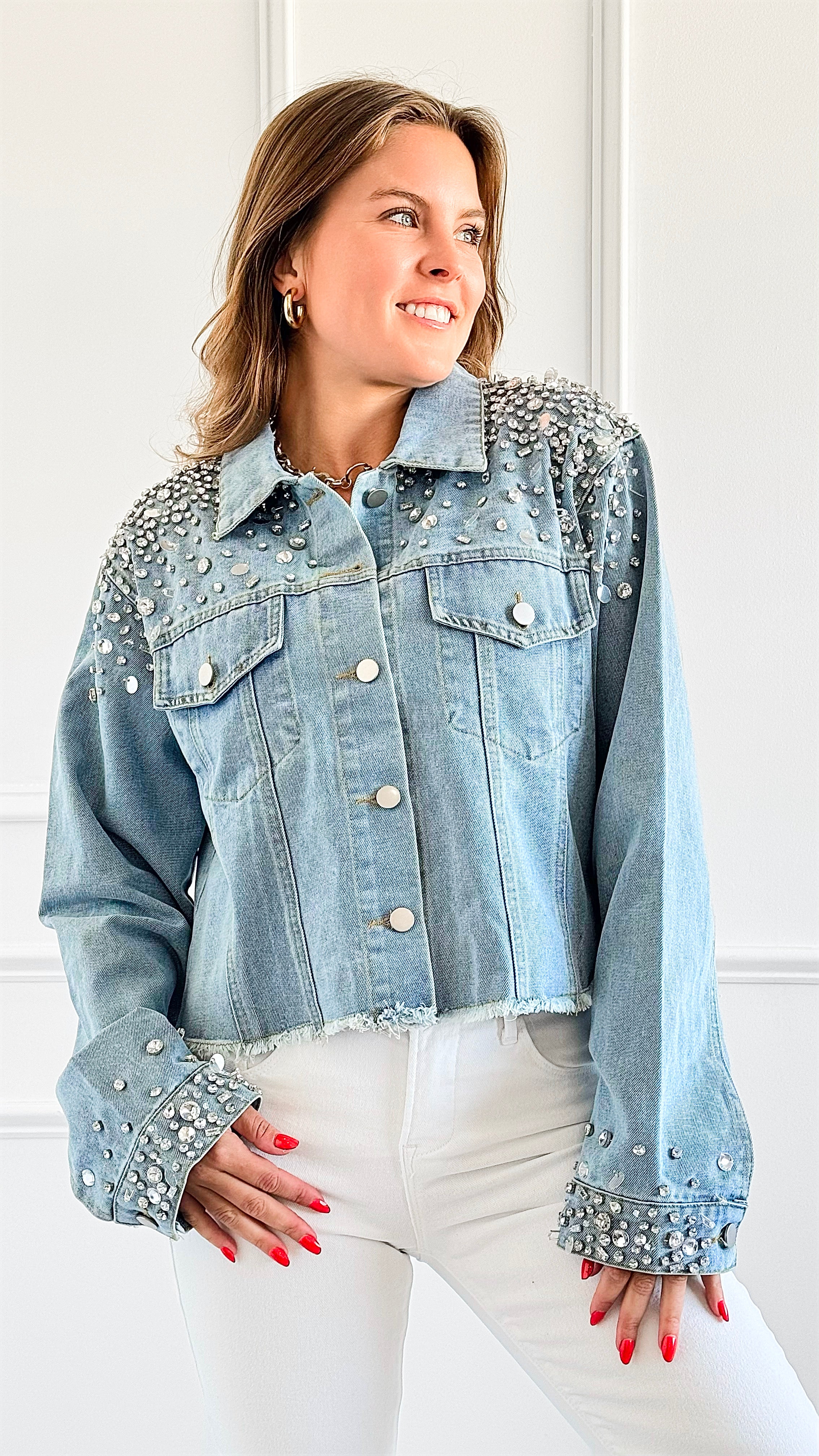 Glitz & Glam Denim Jacket-160 Jackets-KIWI-Coastal Bloom Boutique, find the trendiest versions of the popular styles and looks Located in Indialantic, FL