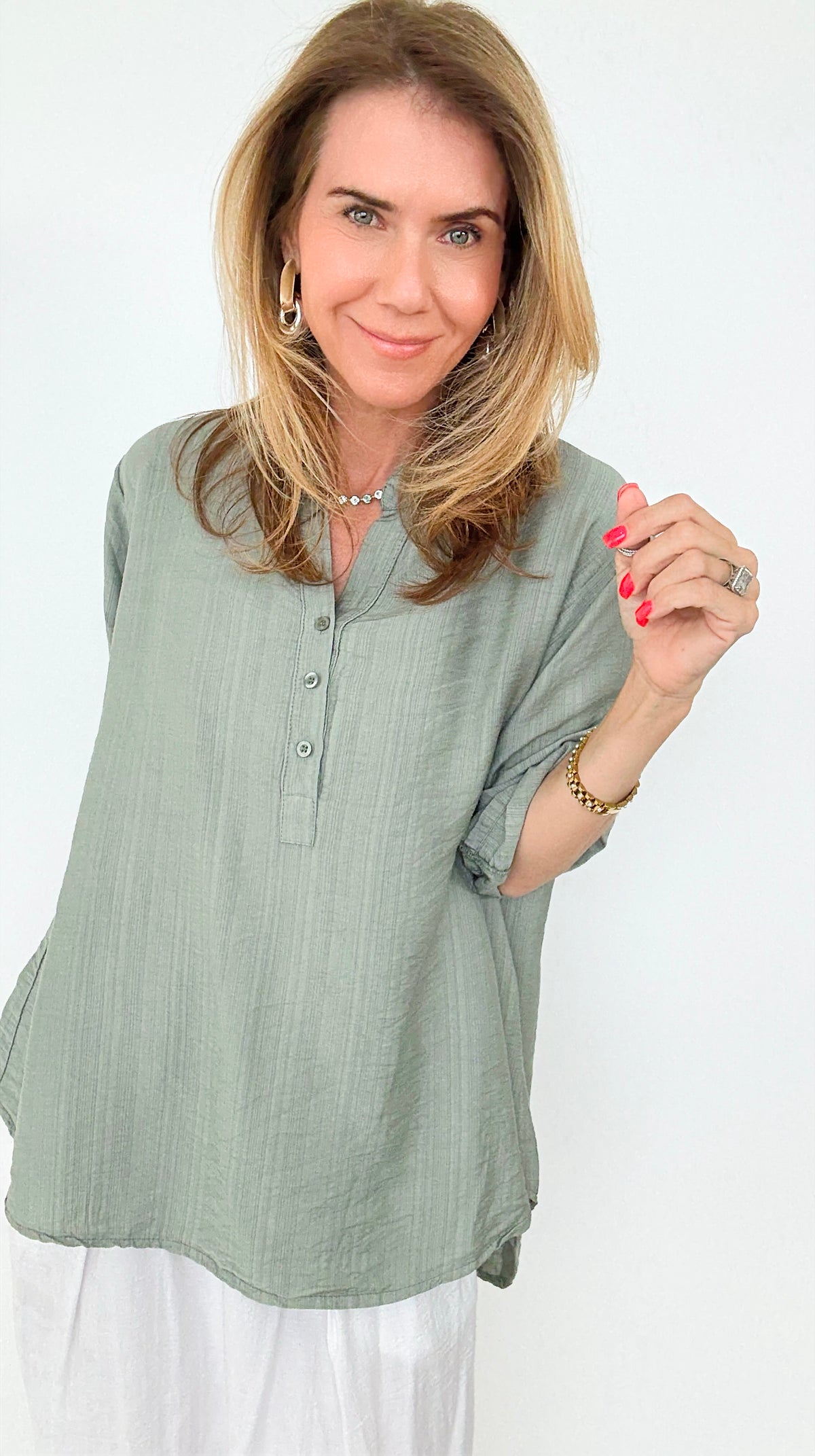 Chic Ease Italian Button-Up Top- Olive-110 short Sleeve Top-Italianissimo-Coastal Bloom Boutique, find the trendiest versions of the popular styles and looks Located in Indialantic, FL