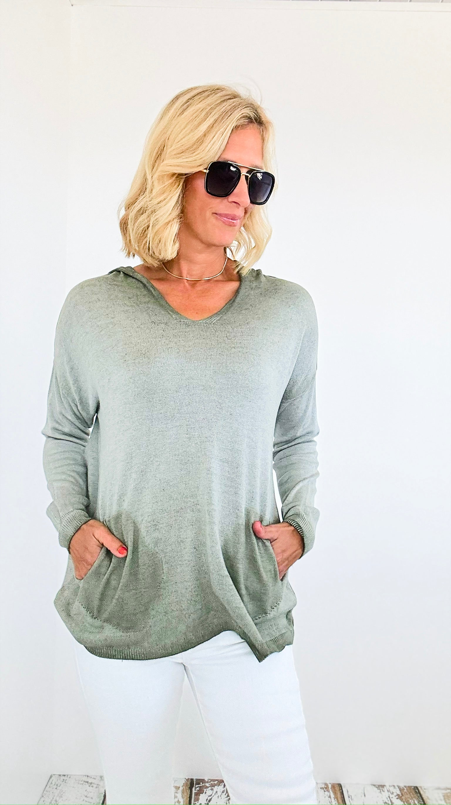 Hoodie V-Neck Italian Sweatshirt Top - Olive-130 Long Sleeve Tops-Tempo-Coastal Bloom Boutique, find the trendiest versions of the popular styles and looks Located in Indialantic, FL