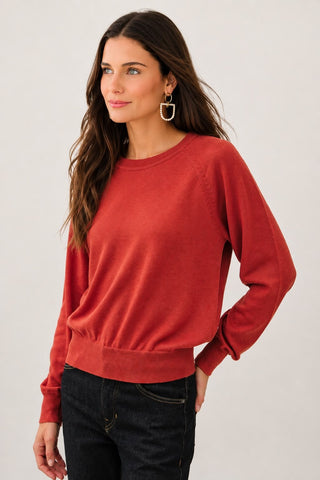 Fine Knit Crewneck Long Sleeve Top  - Dark Rust