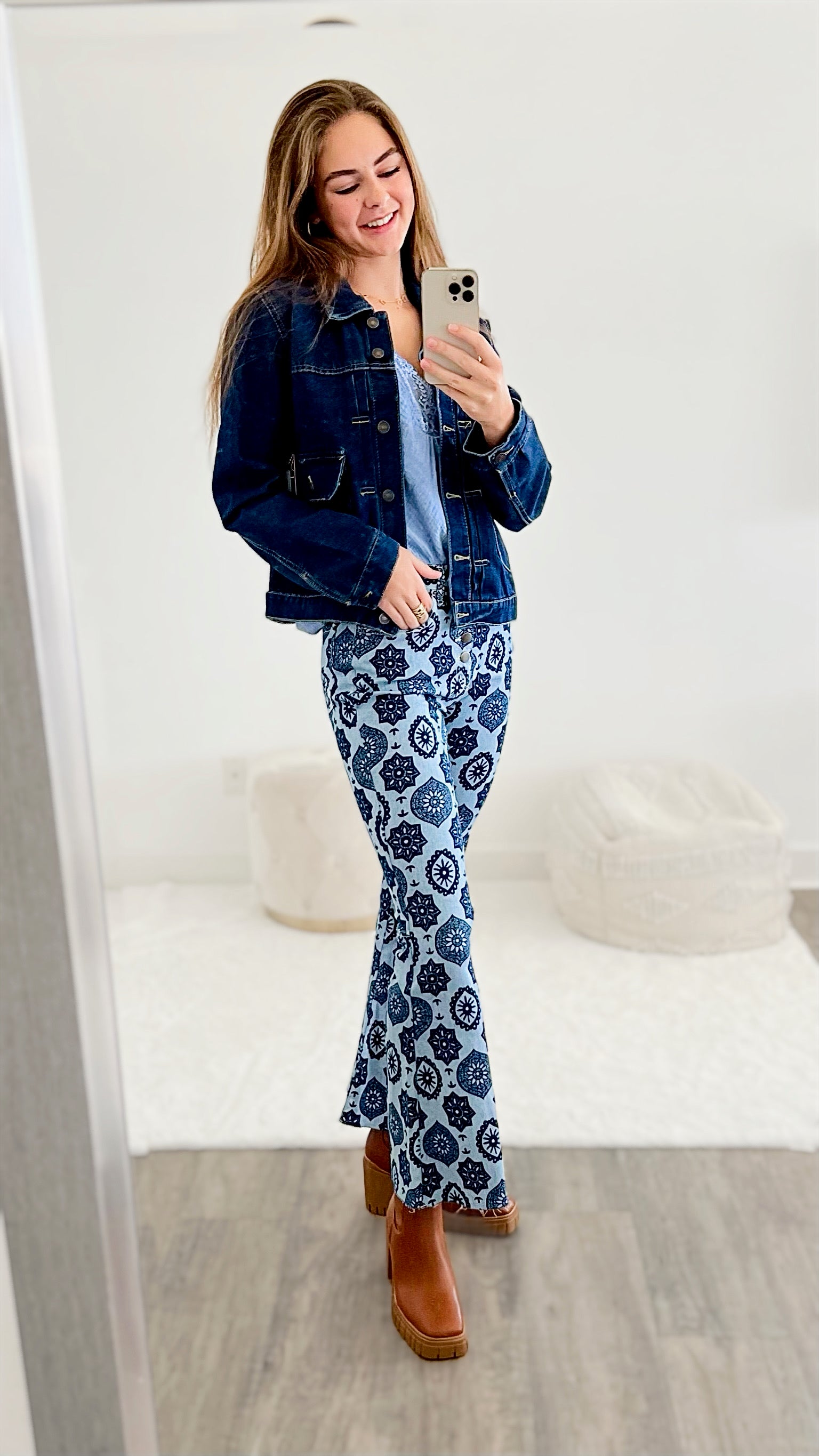 Touch of Flare Ornate Denim Bell Bottoms-170 Bottoms-EASEL-Coastal Bloom Boutique, find the trendiest versions of the popular styles and looks Located in Indialantic, FL