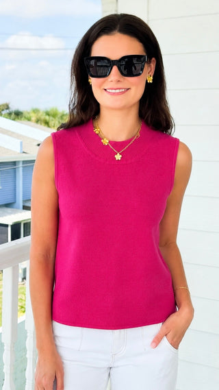 Sleeveless Mock Neck Ribbed Knit Top - Hot Pink