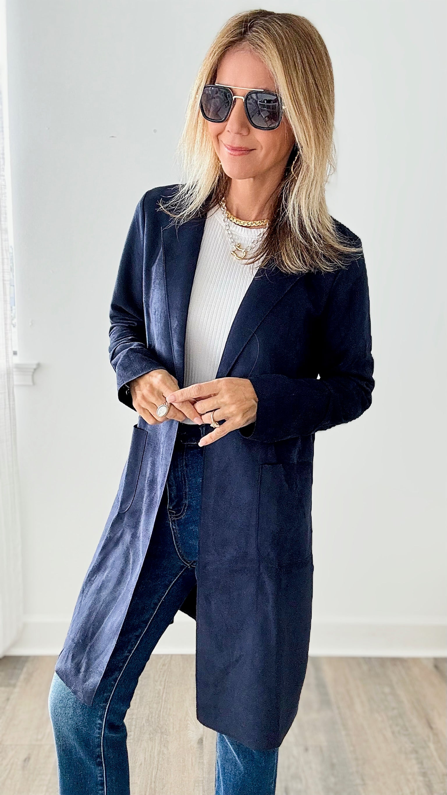 Faux Suede Mid Length Everyday Coat - Navy-160 Jackets-VENTI6 OUTLET-Coastal Bloom Boutique, find the trendiest versions of the popular styles and looks Located in Indialantic, FL