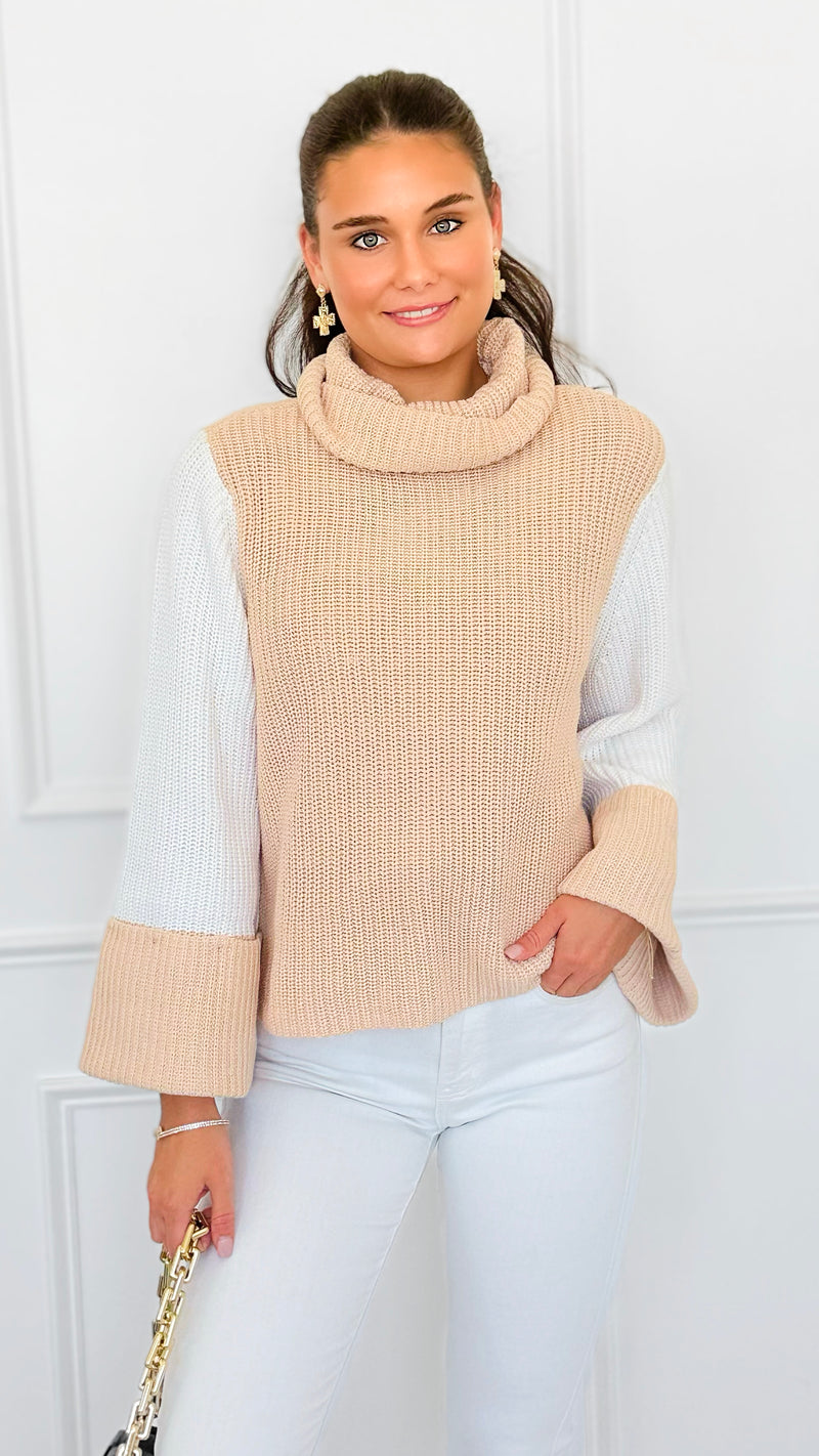 Two-Tone Turtleneck Flare Sleeve Sweater-140 Sweaters-ROUSSEAU-Coastal Bloom Boutique, find the trendiest versions of the popular styles and looks Located in Indialantic, FL