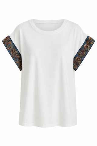 Embellished Sleeve Italian Crew Neck Tee - Blue