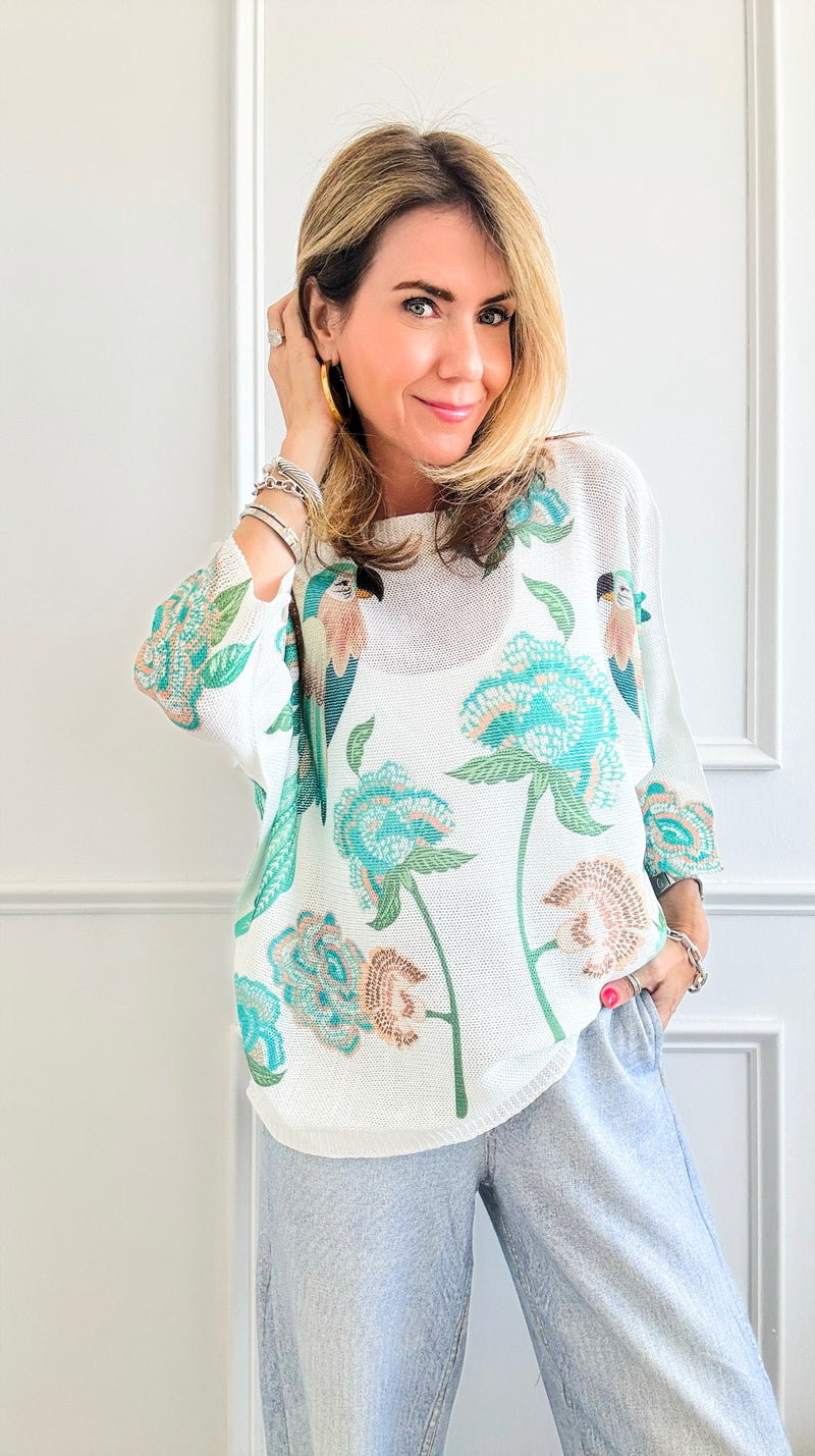 Feathered Flora Italian St Tropez - Turquoise White-140 Sweaters-Italianissimo-Coastal Bloom Boutique, find the trendiest versions of the popular styles and looks Located in Indialantic, FL