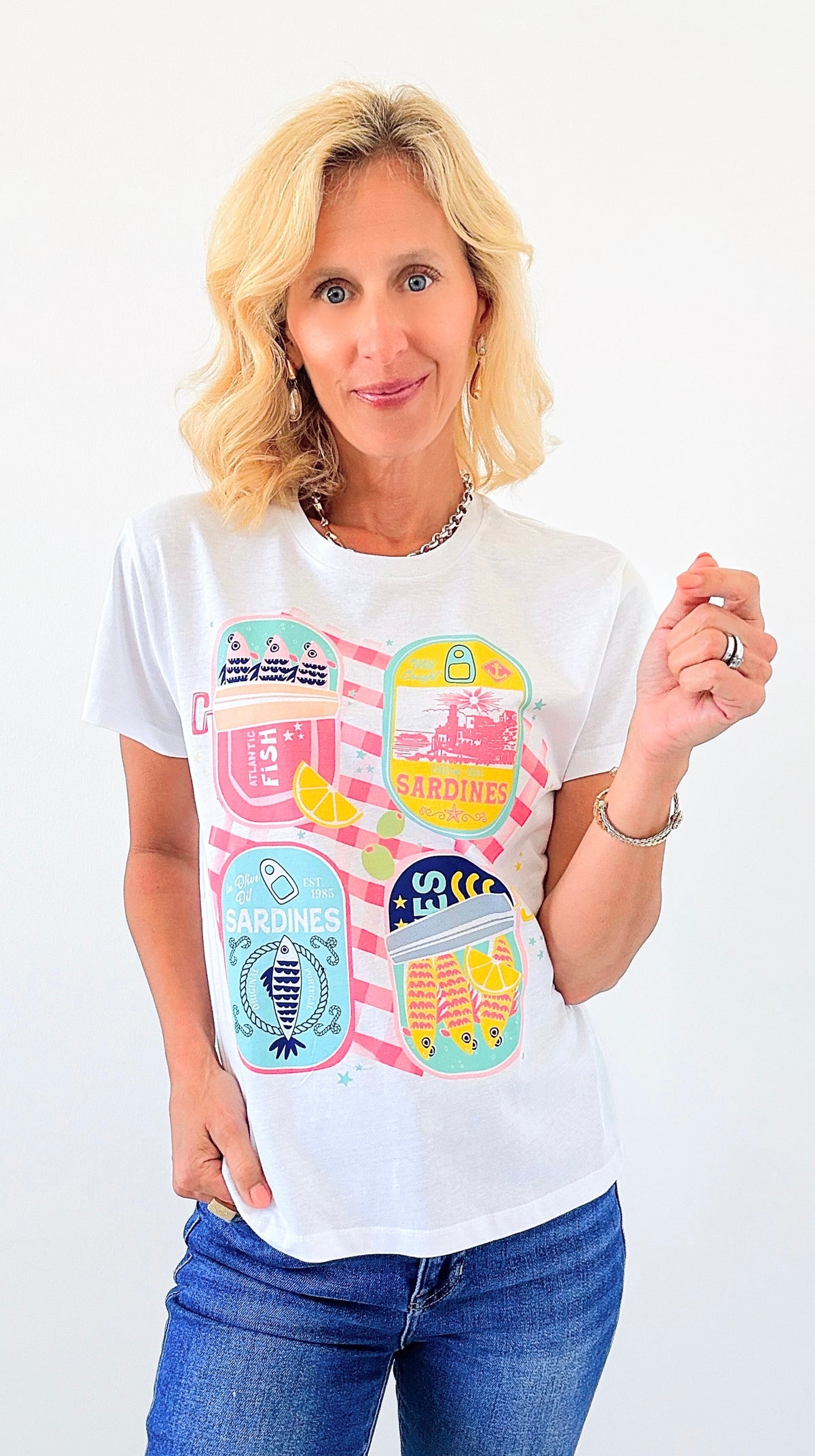 Sardine Picnic Graphic Top-110 Short Sleeve Tops-Sweet Claire-Coastal Bloom Boutique, find the trendiest versions of the popular styles and looks Located in Indialantic, FL