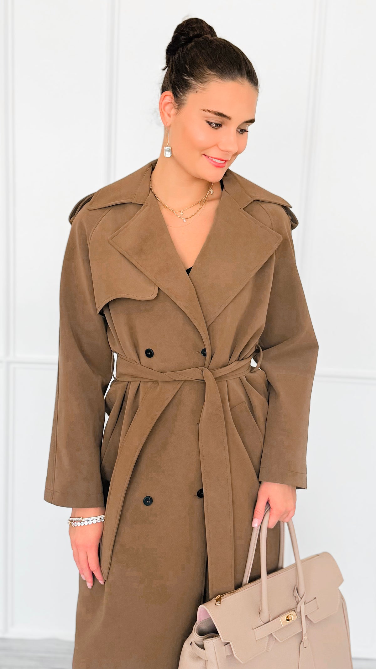 Suede Luxe Italian Long Trench Coat-160 Jackets-KZ SENA-Coastal Bloom Boutique, find the trendiest versions of the popular styles and looks Located in Indialantic, FL