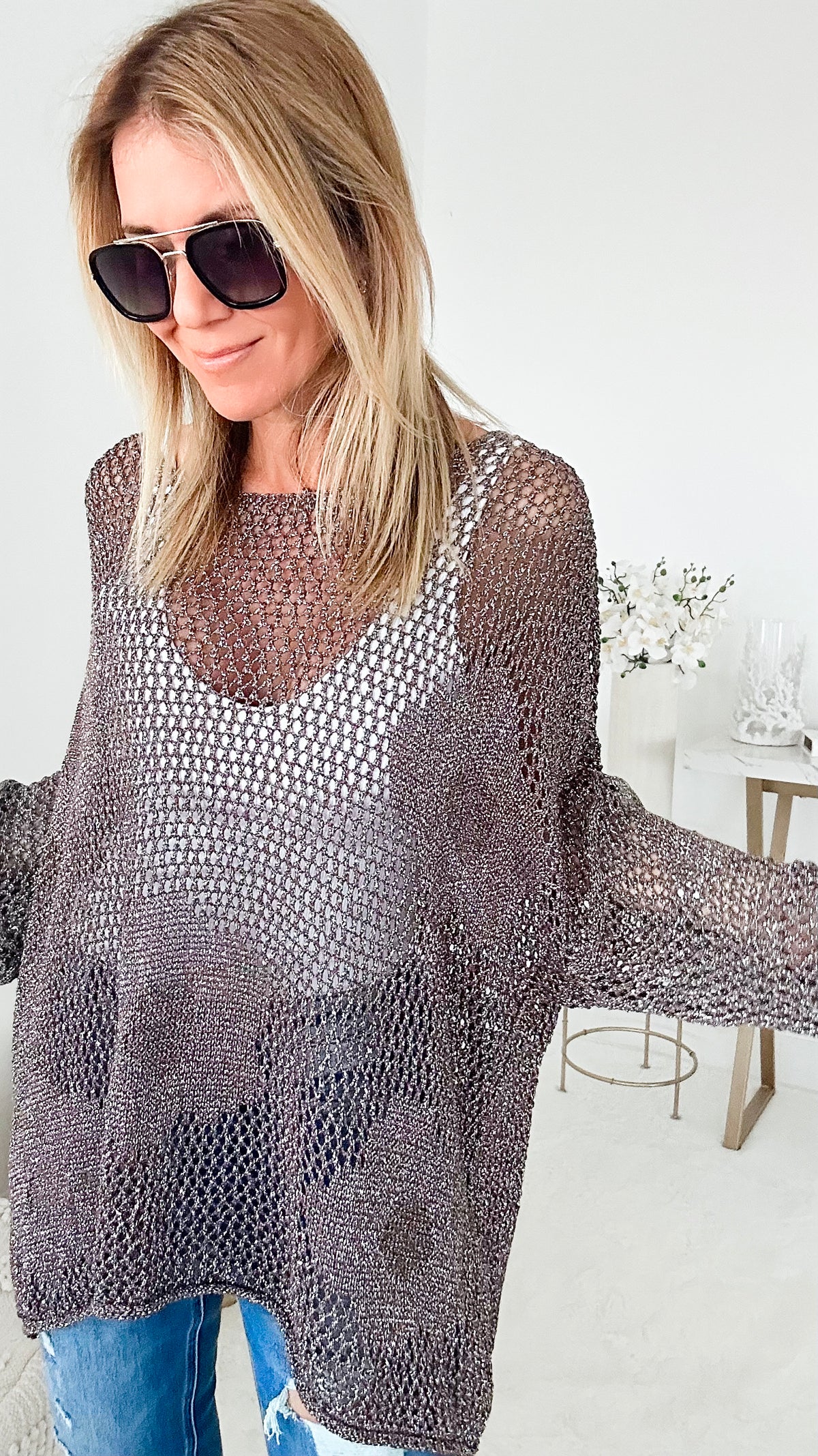 Windflower Italian Metallic Crochet Pullover - Metallic Dark Brown-140 Sweaters-Yolly-Coastal Bloom Boutique, find the trendiest versions of the popular styles and looks Located in Indialantic, FL