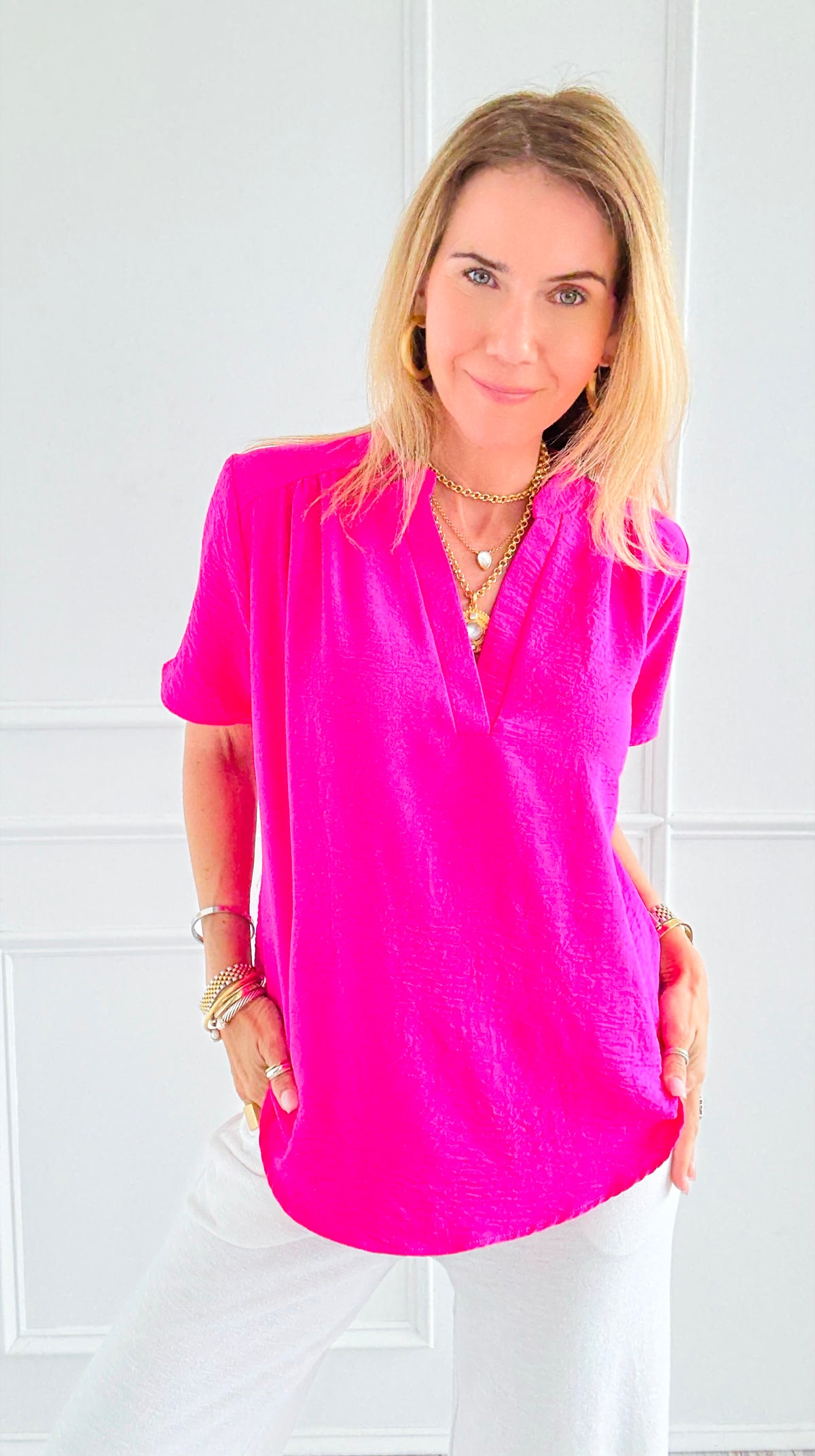 Graceful Gathered V-Neck Top - Hot Pink-110 Short Sleeve Tops-entro-Coastal Bloom Boutique, find the trendiest versions of the popular styles and looks Located in Indialantic, FL