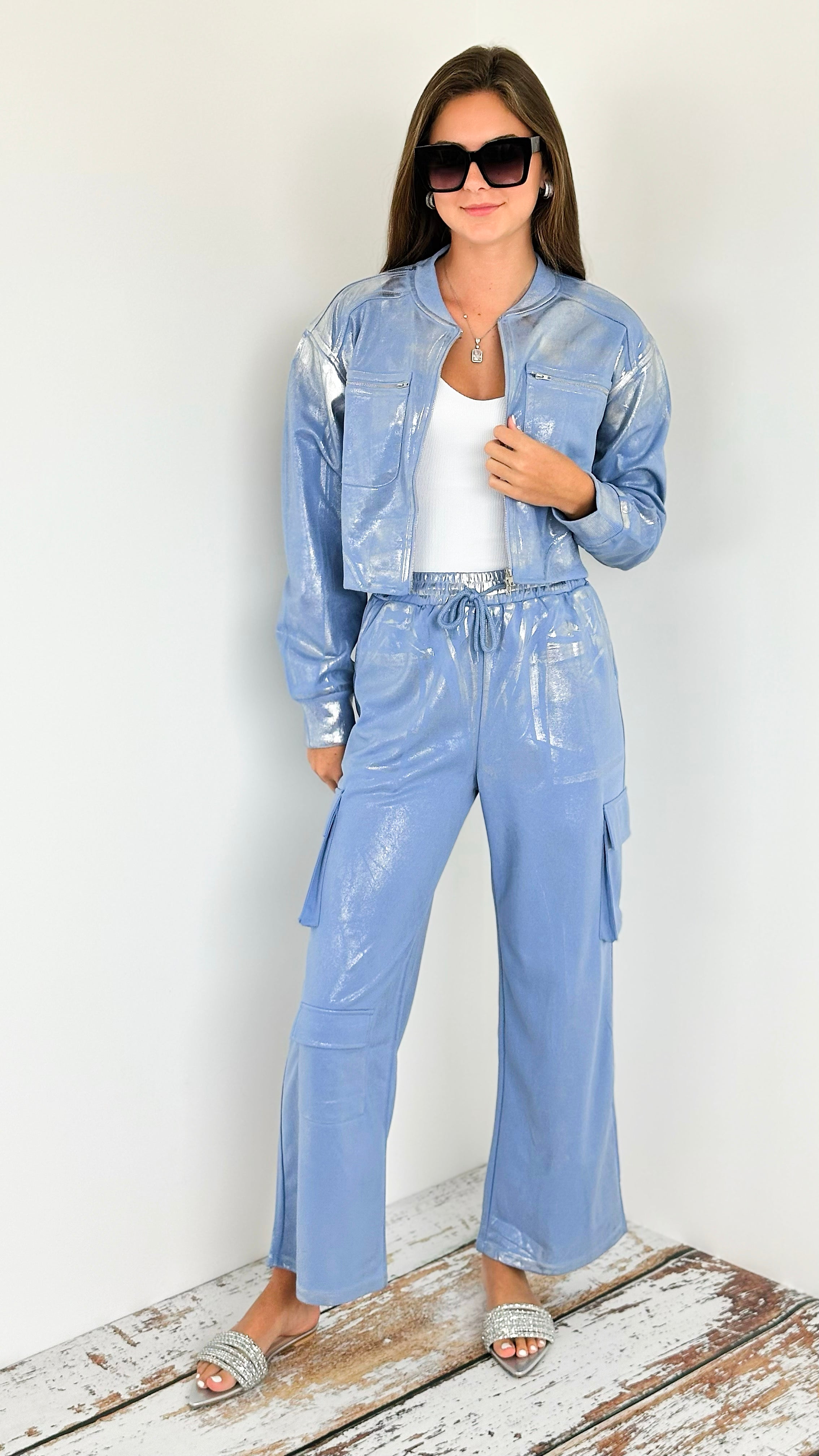 Metallic Cropped Jacket - Blue-160 Jackets-KIWI-Coastal Bloom Boutique, find the trendiest versions of the popular styles and looks Located in Indialantic, FL