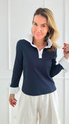 Contrast Trims Italian Top- Navy-130 Long sleeve top-Italianissimo-Coastal Bloom Boutique, find the trendiest versions of the popular styles and looks Located in Indialantic, FL