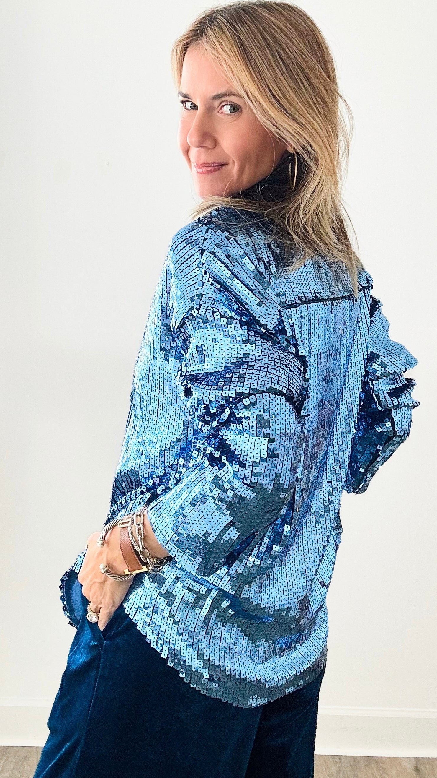 Meet You at Midnight Blue Sequin Blouse-130 Long Sleeve Tops-MAIN STRIP-Coastal Bloom Boutique, find the trendiest versions of the popular styles and looks Located in Indialantic, FL