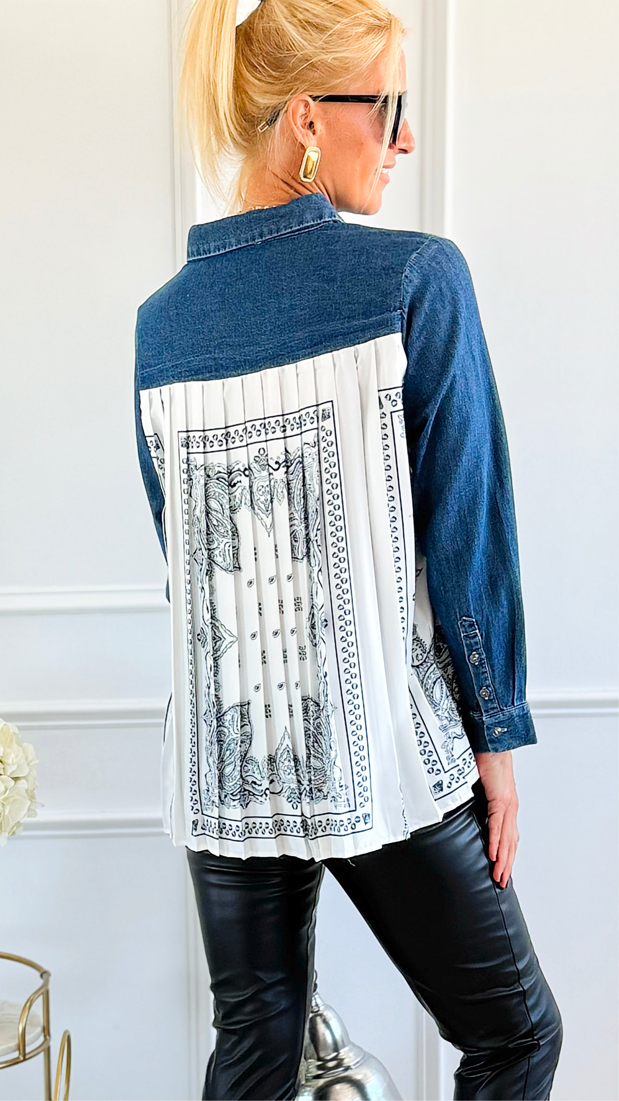 Sundance Trail Pleated Denim Top - JOH-110 Long Sleeve Tops-Joh Apparel-Coastal Bloom Boutique, find the trendiest versions of the popular styles and looks Located in Indialantic, FL