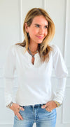 Refined Puff Sleeve Split Neck Top-130 Long Sleeve Tops-DOE AND RAE-Coastal Bloom Boutique, find the trendiest versions of the popular styles and looks Located in Indialantic, FL