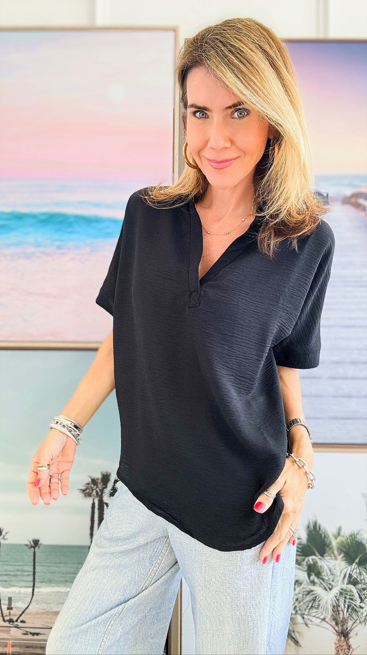 Woven Airflow Collared V-Neck Top - Black-100 Sleeveless Tops-Zenana-Coastal Bloom Boutique, find the trendiest versions of the popular styles and looks Located in Indialantic, FL