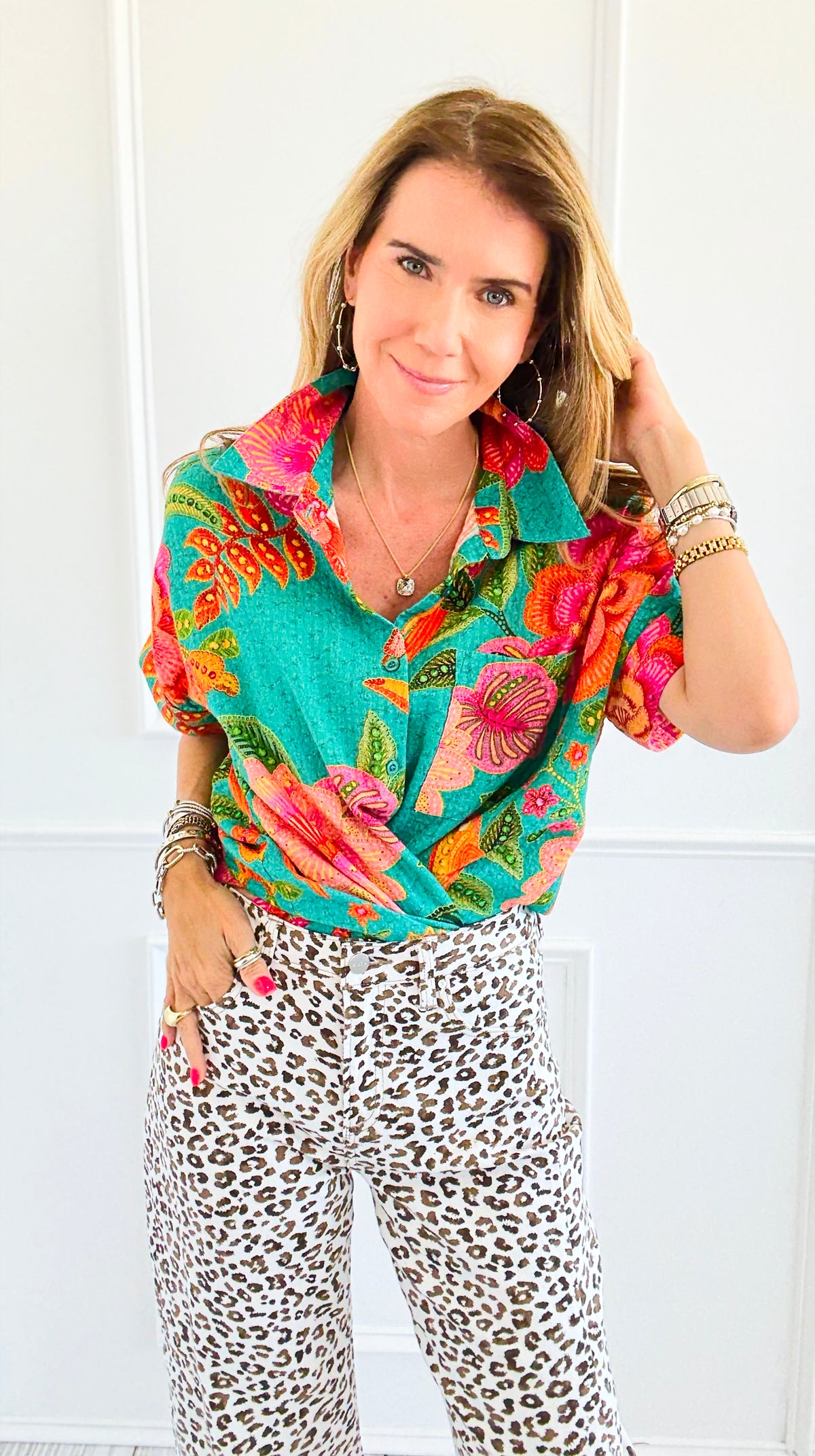 Island Blooms Button Down Top-110 Short Sleeve Tops-en creme-Coastal Bloom Boutique, find the trendiest versions of the popular styles and looks Located in Indialantic, FL
