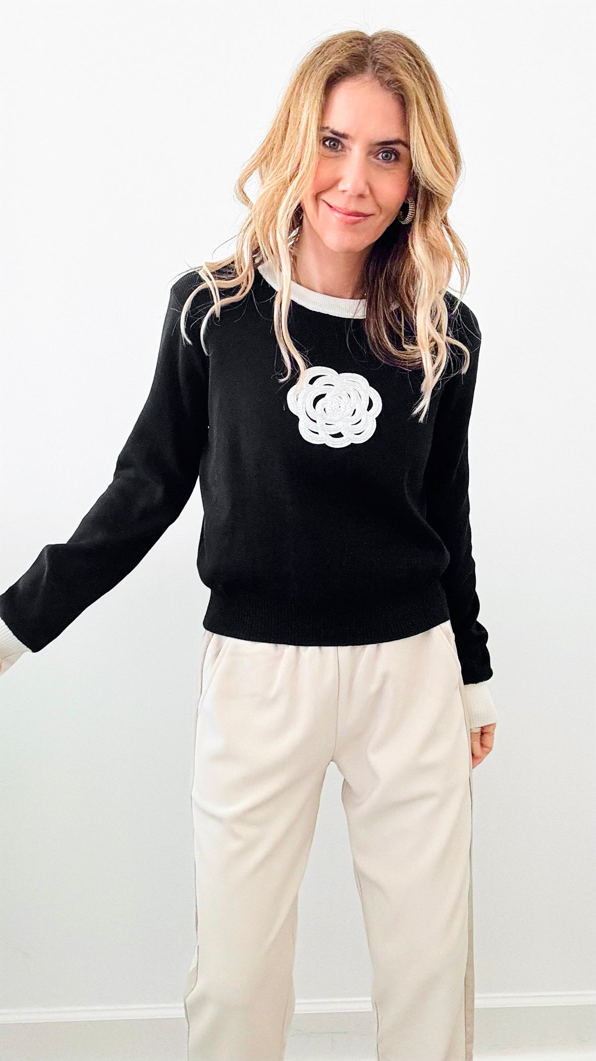 "Will You Accept My Rose?" Rose Embroidered Sweater-140 Sweaters-CBALY-Coastal Bloom Boutique, find the trendiest versions of the popular styles and looks Located in Indialantic, FL